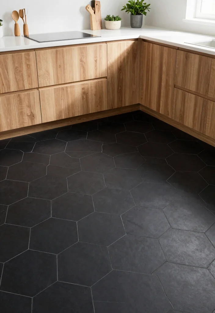 15 Black Kitchen Floor Tiles Ideas With Sleek Finish 2 15 Black Kitchen Floor Tiles Ideas With Sleek Finish - 2. Matte Black Hexagon Tiles 1