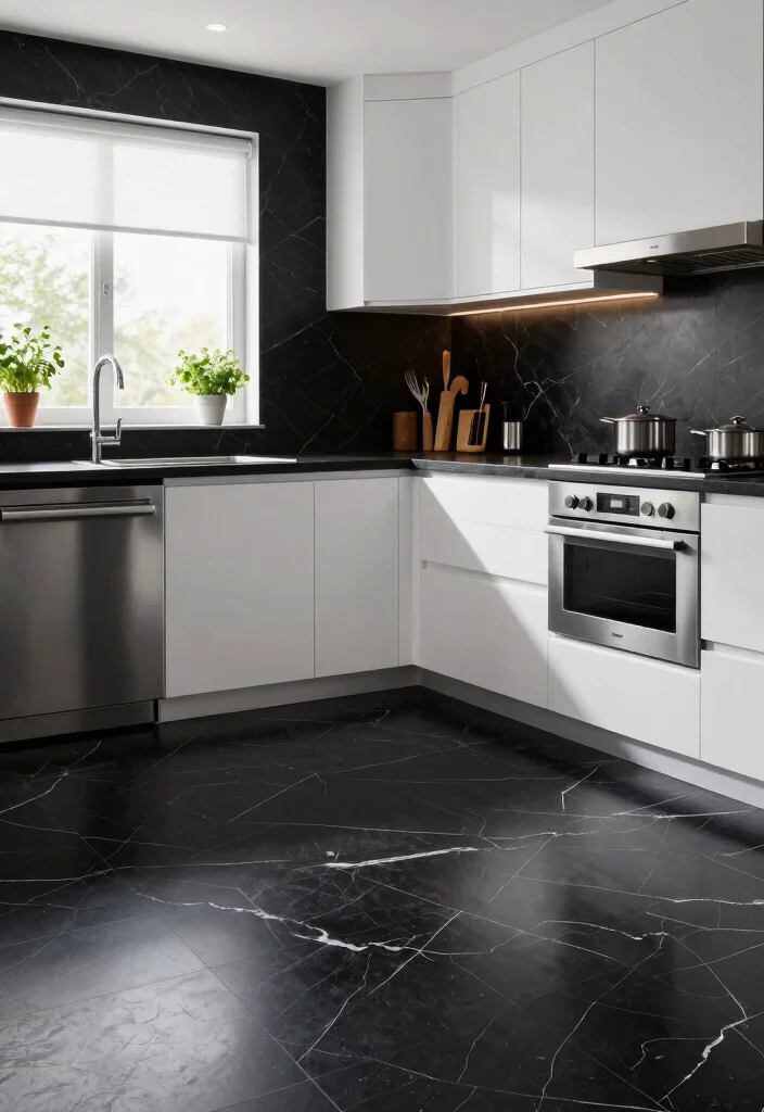 15 Black Kitchen Floor Tiles Ideas With Sleek Finish 5 15 Black Kitchen Floor Tiles Ideas With Sleek Finish - 5. Polished Black Marble Tiles 1