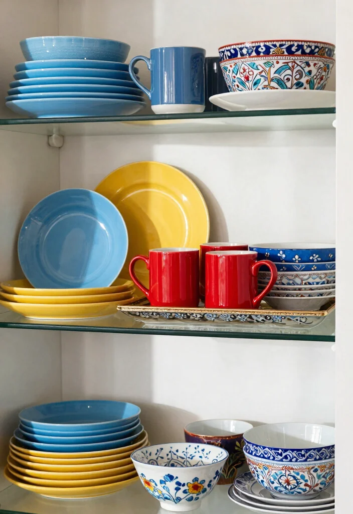15 Glass Kitchen Cabinets Decor Ideas With Elegant Touch - 1. Showcase Colorful Dishware 1