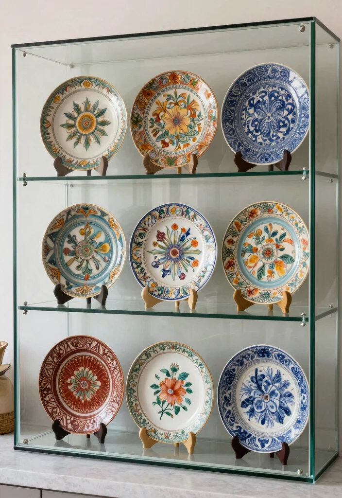 15 Glass Kitchen Cabinets Decor Ideas With Elegant Touch - 13. Decorative Plates as Art 1