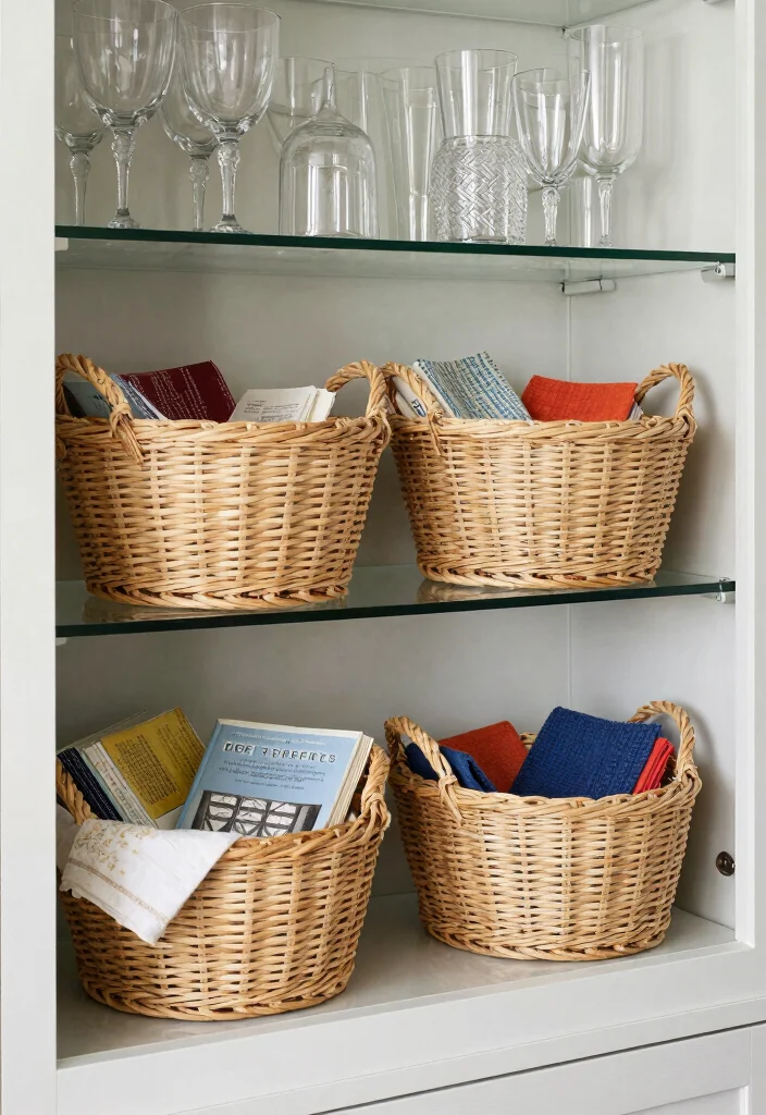 15 Glass Kitchen Cabinets Decor Ideas With Elegant Touch - 4. Use Decorative Baskets 1