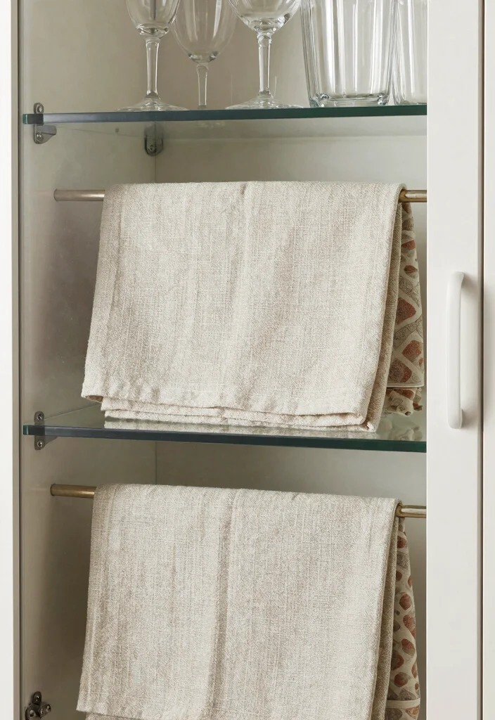 15 Glass Kitchen Cabinets Decor Ideas With Elegant Touch - 8. Layered Textures with Fabrics 1