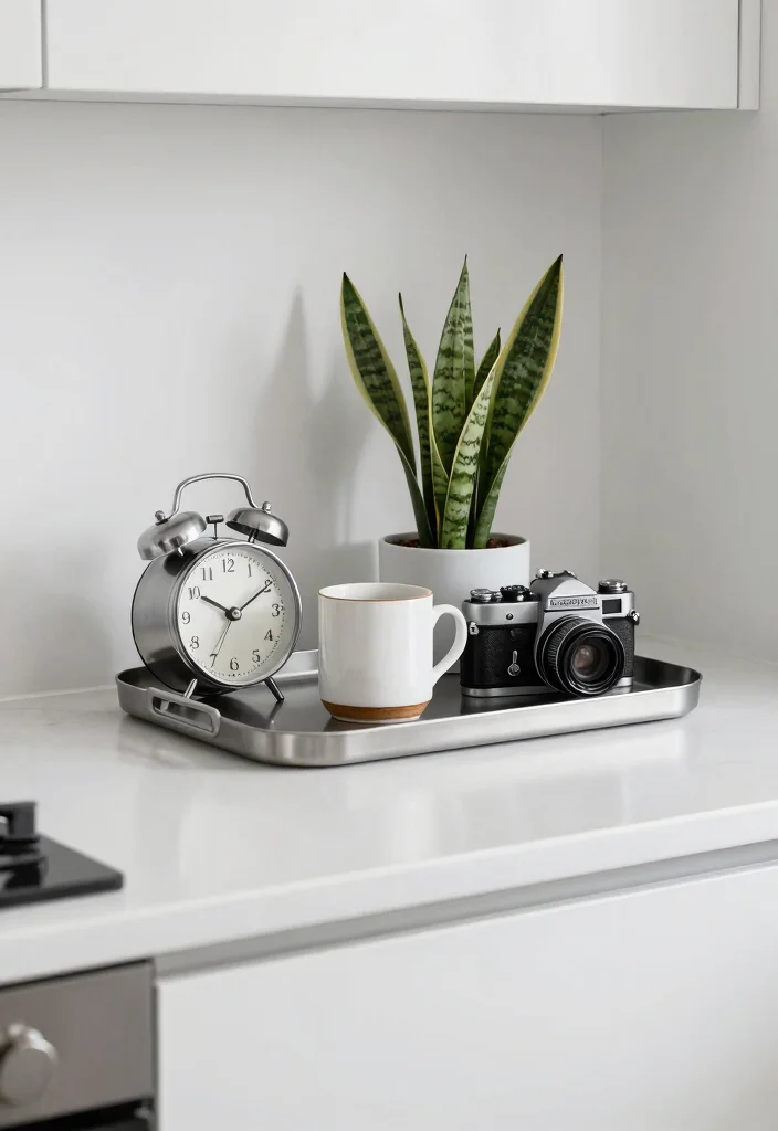 15 Kitchen Tray Decor Countertops Ideas With Styled Layers 2 15 Kitchen Tray Decor Countertops Ideas With Styled Layers - 2. Minimalist Metal Tray with Vintage Finds 1