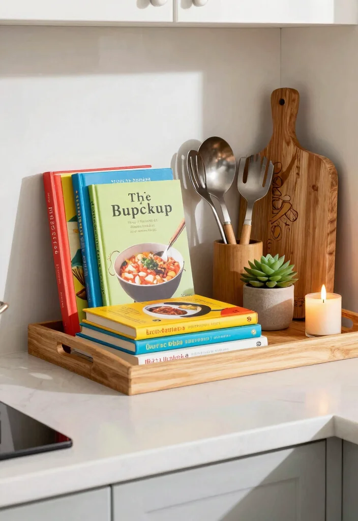 15 Kitchen Tray Decor Countertops Ideas With Styled Layers 5 15 Kitchen Tray Decor Countertops Ideas With Styled Layers - 5. Colorful Cookbook Display 1