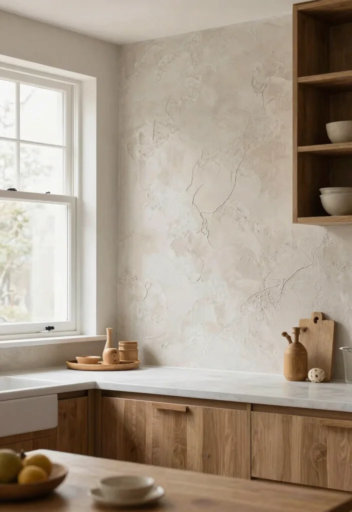 15 Kitchen Window Backsplash Ideas With Unique Charm - 12. Textured Plaster Backsplash 1