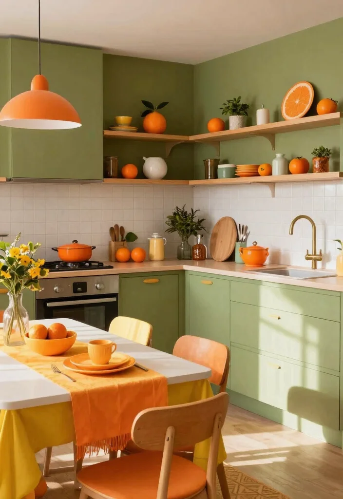 15 Light Green Kitchen Walls Ideas With Fresh Vibes - 10. Bright Olive and Citrus Accents 1