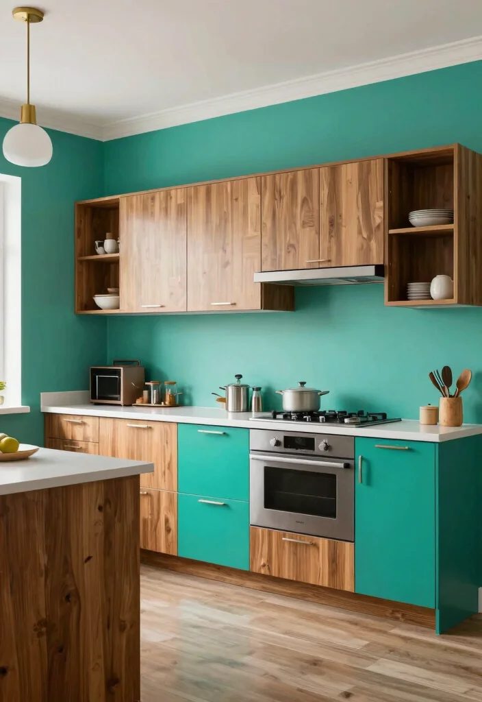 15 Light Green Kitchen Walls Ideas With Fresh Vibes - 12. Vibrant Teal Greens 1