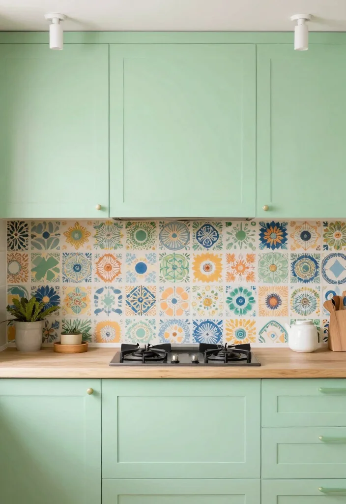 15 Light Green Kitchen Walls Ideas With Fresh Vibes - 13. Light Green with Patterned Backsplash 1