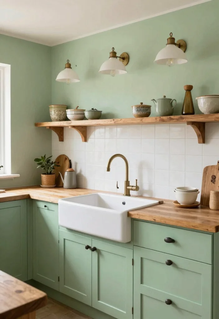 15 Light Green Kitchen Walls Ideas With Fresh Vibes - 14. Light Green with Rustic Elements 1