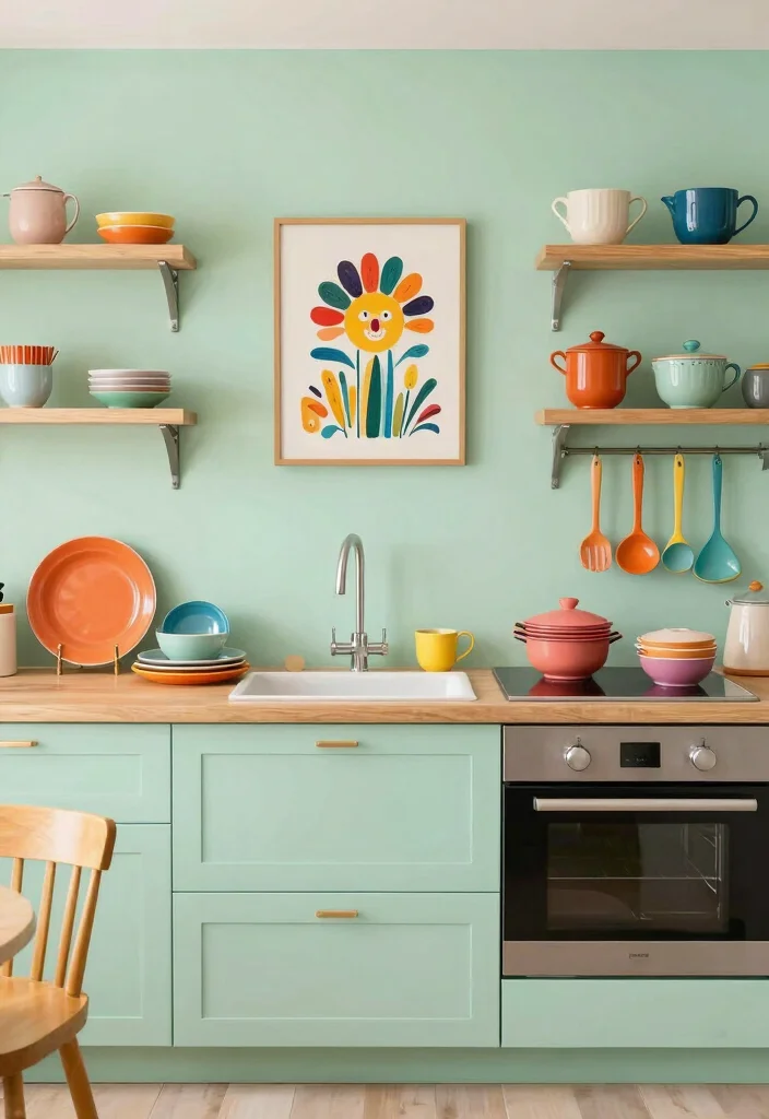 15 Light Green Kitchen Walls Ideas With Fresh Vibes - 15. Enchanting Light Green with Fun Accessories 1