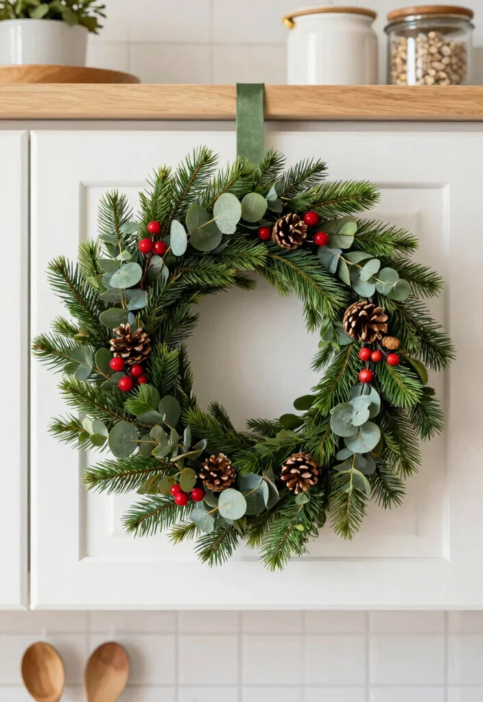 15 Mini Wreaths on Kitchen Cabinets Ideas With Festive Touch 1 15 Mini Wreaths on Kitchen Cabinets Ideas With Festive Touch - 1. Classic Greenery Wreath 1