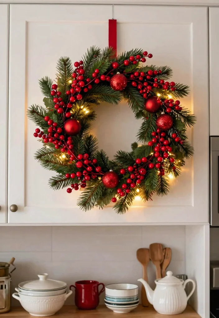 15 Mini Wreaths on Kitchen Cabinets Ideas With Festive Touch 3 15 Mini Wreaths on Kitchen Cabinets Ideas With Festive Touch - 3. Festive Holiday Themed Wreath 1