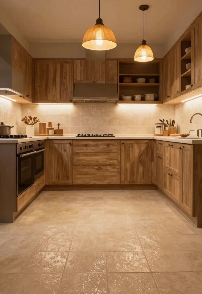 16 Beige Tile Kitchen Ideas With Soft Neutral Elegance 11 16 Beige Tile Kitchen Ideas With Soft Neutral Elegance - 11. Elegant Lighting with Beige Tiles 1