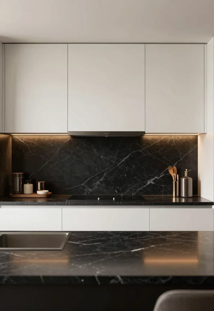 16 Black Backsplash Kitchen White Cabinets Ideas With Bold Edge - 10. Marble-Inspired Backsplash 1