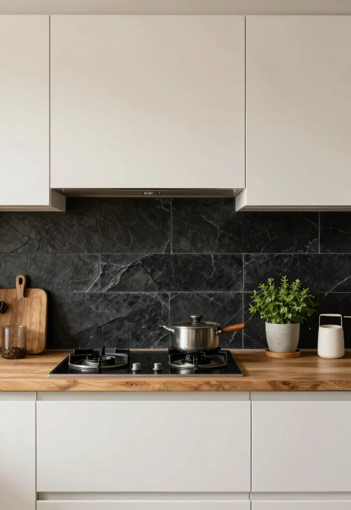 16 Black Backsplash Kitchen White Cabinets Ideas With Bold Edge - 11. Refined Black Slate Tiles 1