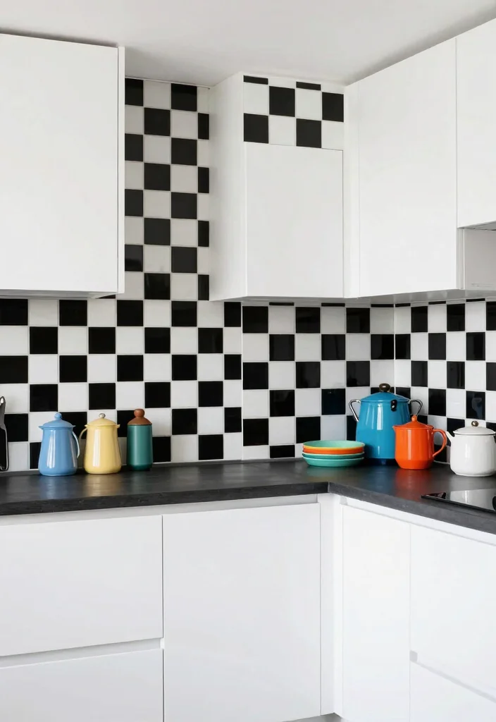 16 Black Backsplash Kitchen White Cabinets Ideas With Bold Edge - 12. Black and White Checkerboard 1