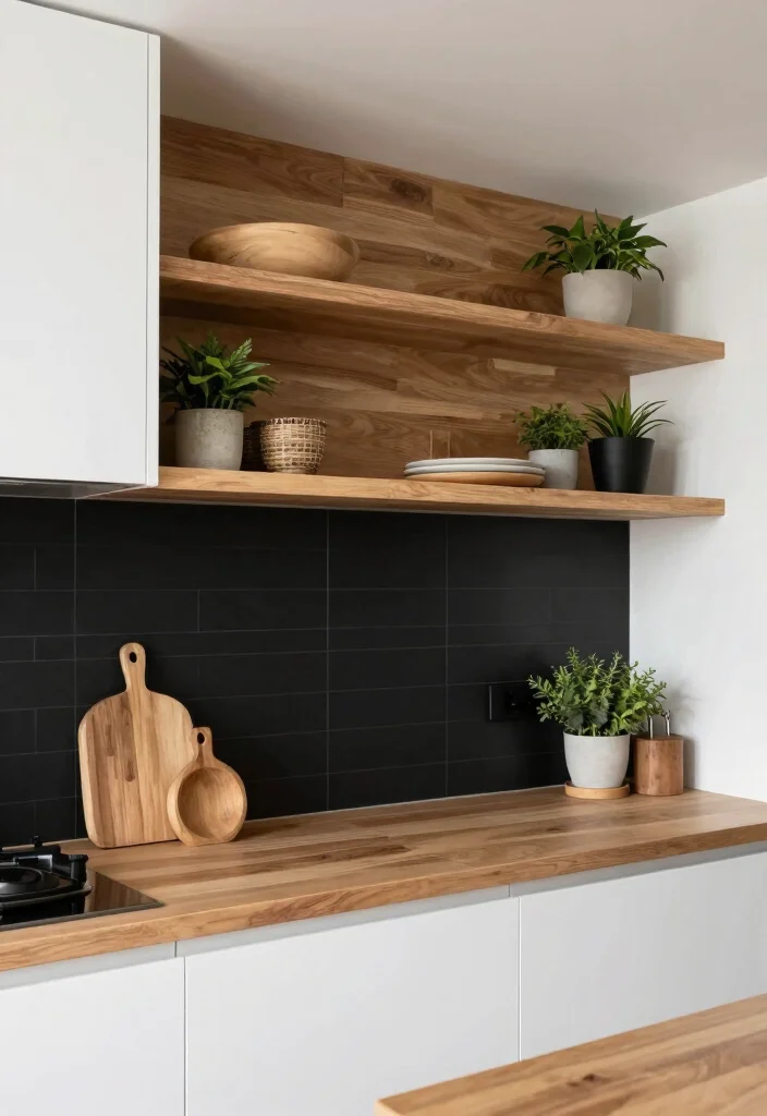 16 Black Backsplash Kitchen White Cabinets Ideas With Bold Edge - 13. Black and Wood Contrast 1