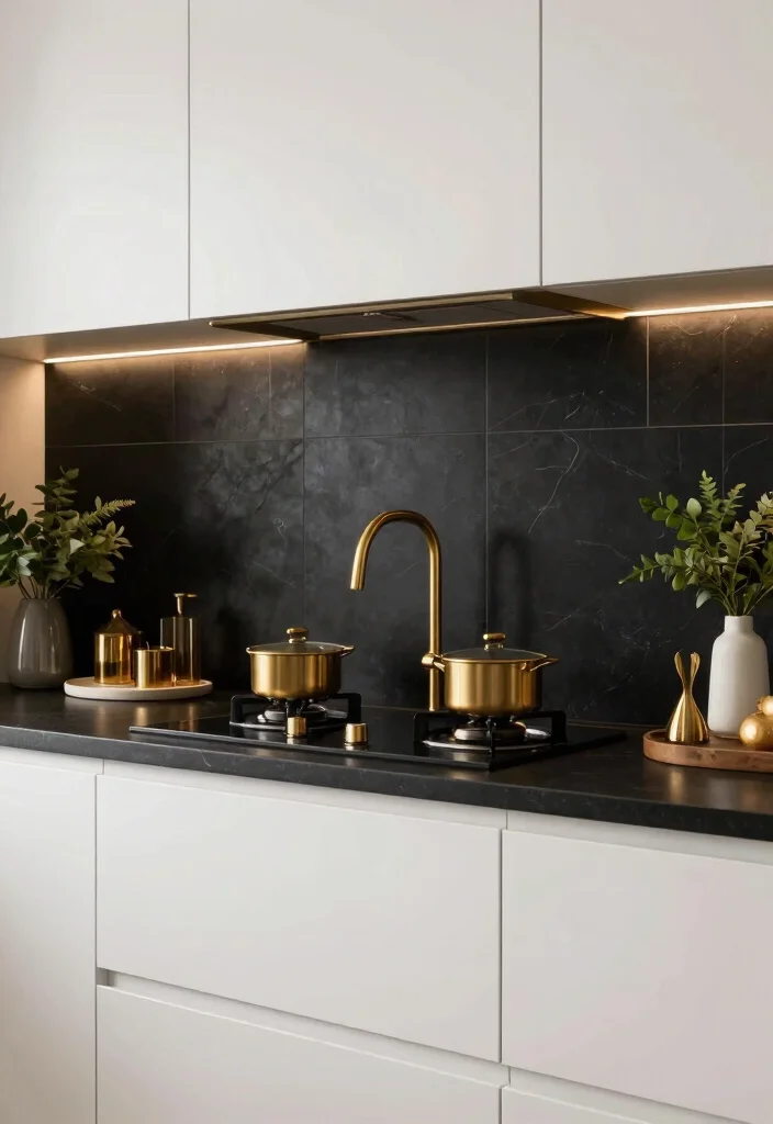 16 Black Backsplash Kitchen White Cabinets Ideas With Bold Edge - 15. Black and Gold Elegance 1