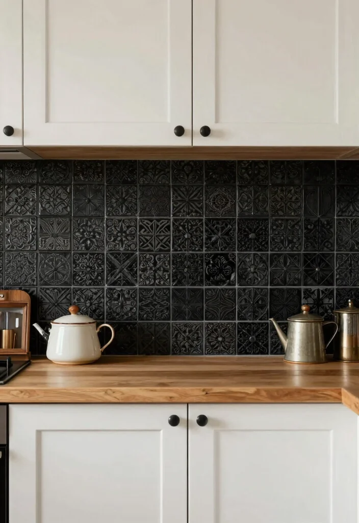 16 Black Backsplash Kitchen White Cabinets Ideas With Bold Edge - 16. Vintage-Inspired Black Backsplash 1