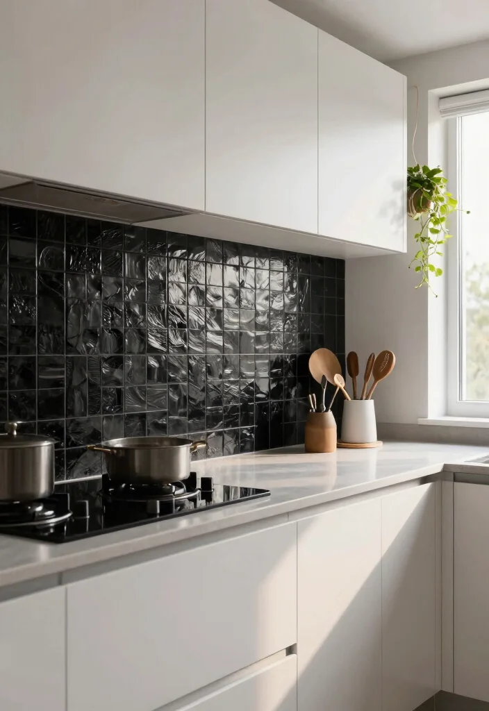 16 Black Backsplash Kitchen White Cabinets Ideas With Bold Edge - 4. Bold Textured Tiles 1
