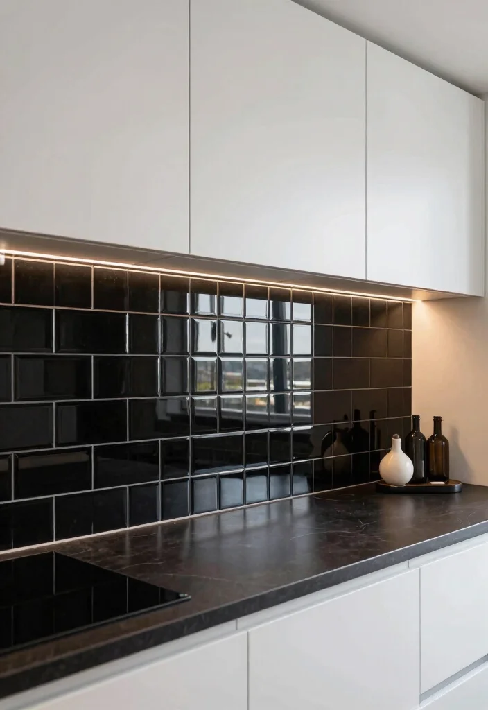 16 Black Backsplash Kitchen White Cabinets Ideas With Bold Edge - 5. Black Glass Tiles 1