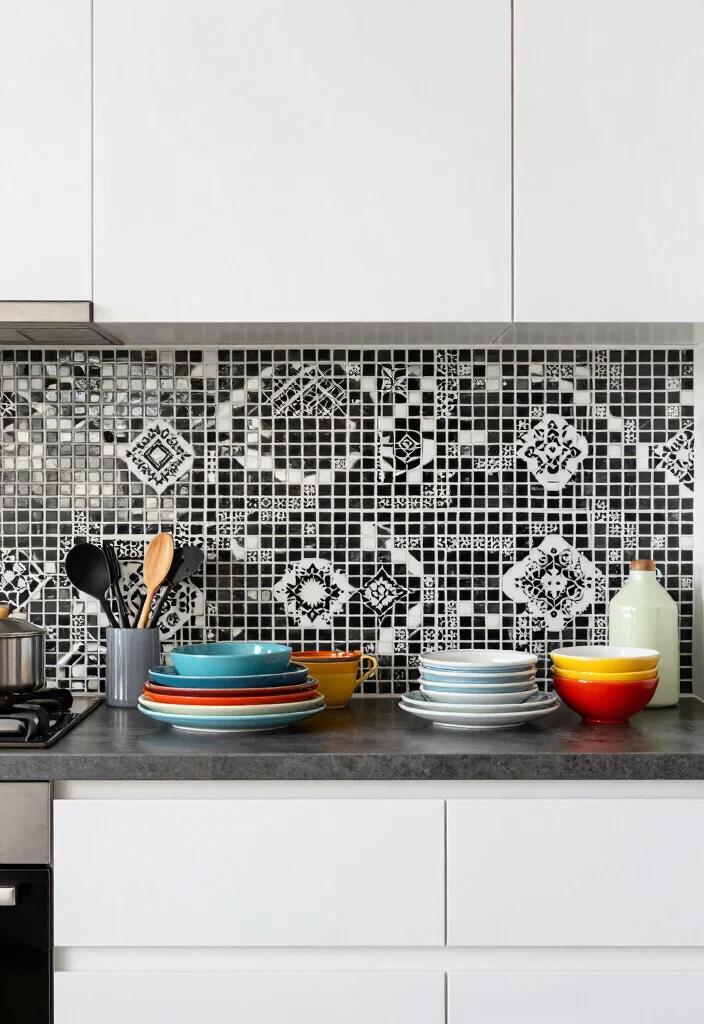 16 Black Backsplash Kitchen White Cabinets Ideas With Bold Edge - 6. Black and White Mosaic Tiles 1
