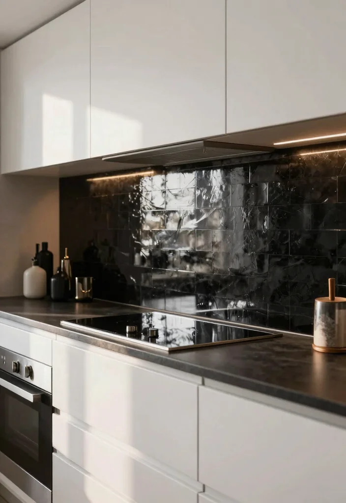 16 Black Backsplash Kitchen White Cabinets Ideas With Bold Edge - 9. Bold Black Metallic Finishes 1