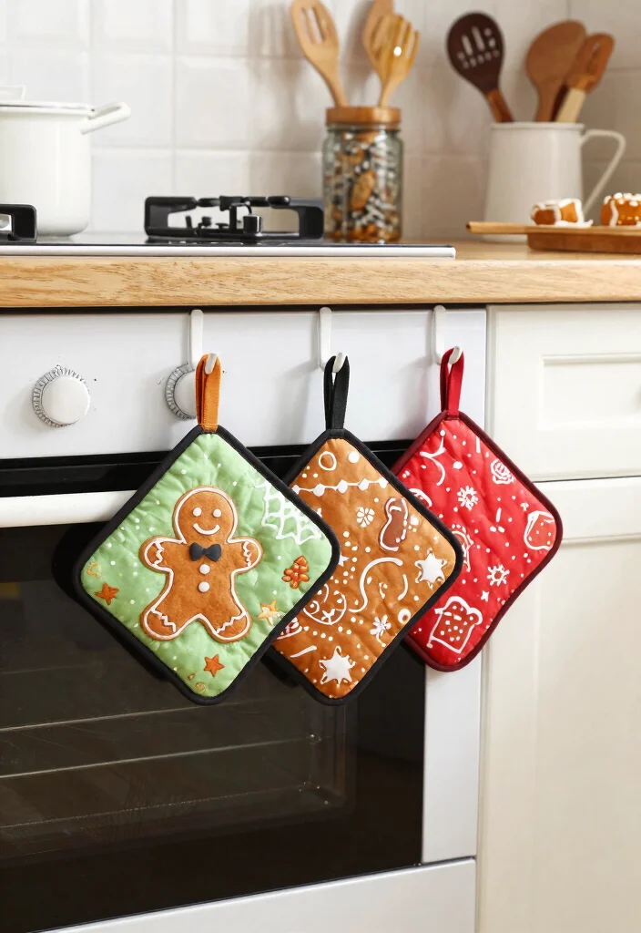 16 Gingerbread Kitchen Decor Ideas With Sweet Holiday Charm - 12. Gingerbread-Themed Pot Holders 1