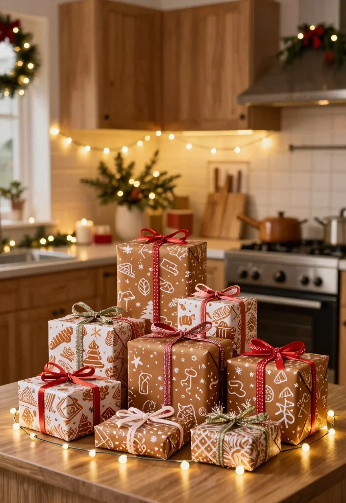 16 Gingerbread Kitchen Decor Ideas With Sweet Holiday Charm - 13. Gingerbread-Themed Gift Wrap Display 1