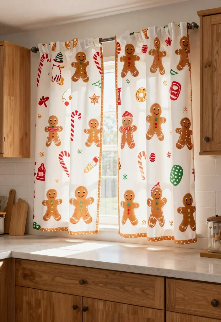 16 Gingerbread Kitchen Decor Ideas With Sweet Holiday Charm - 2. Whimsical Gingerbread Curtains 1