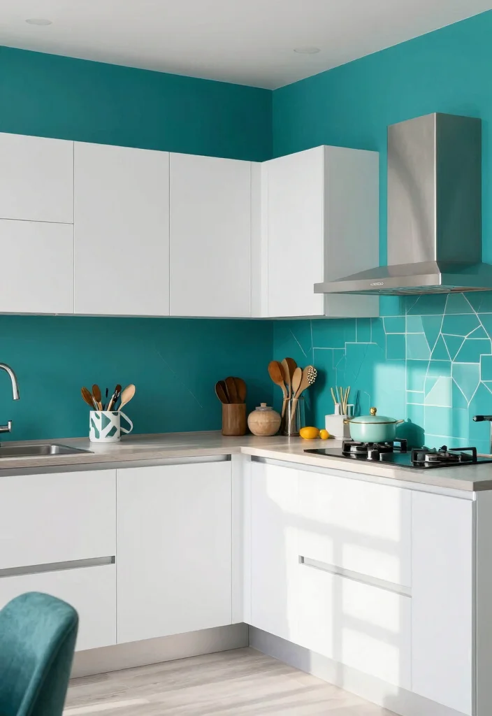 16 Green Kitchen Walls White Cabinets Ideas With Fresh Contrast 10 16 Green Kitchen Walls White Cabinets Ideas With Fresh Contrast - 10. Bold Teal for a Modern Edge 1