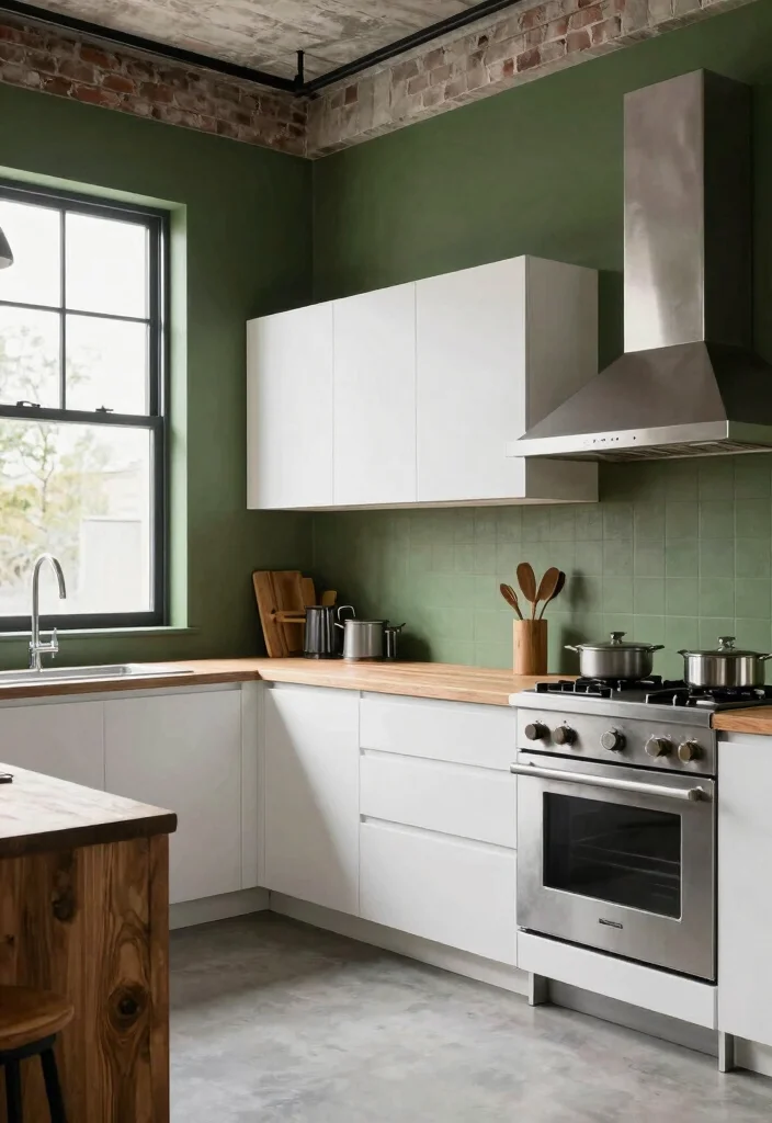 16 Green Kitchen Walls White Cabinets Ideas With Fresh Contrast 15 16 Green Kitchen Walls White Cabinets Ideas With Fresh Contrast - 15. Army Green for a Modern Industrial Look 1