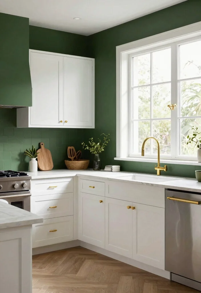 16 Green Kitchen Walls White Cabinets Ideas With Fresh Contrast 7 16 Green Kitchen Walls White Cabinets Ideas With Fresh Contrast - 7. Forest Green and Gold for a Luxurious Touch 1