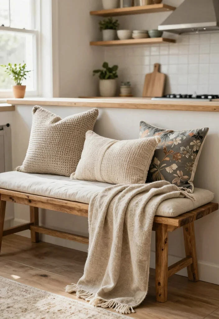 16 Kitchen Bench Decor Ideas With Casual Charm 1 16 Kitchen Bench Decor Ideas With Casual Charm - 1. Layered Textiles for Comfort 1