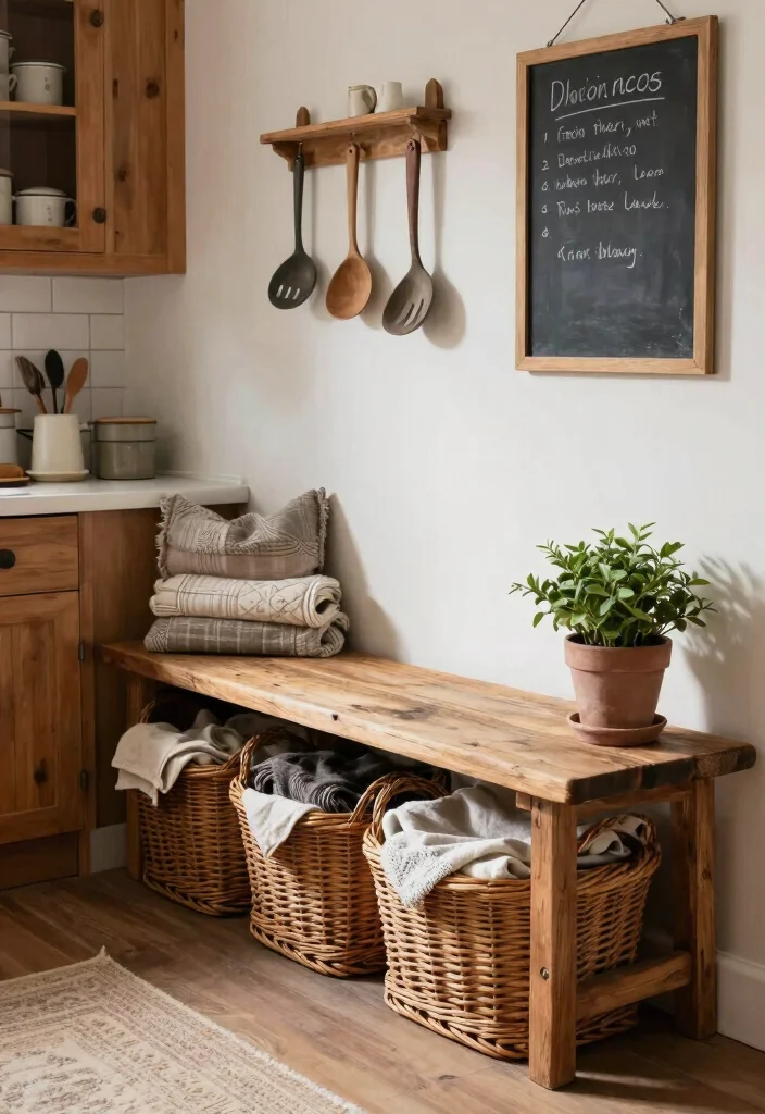 16 Kitchen Bench Decor Ideas With Casual Charm 2 16 Kitchen Bench Decor Ideas With Casual Charm - 2. Rustic Baskets as Storage Solutions 1