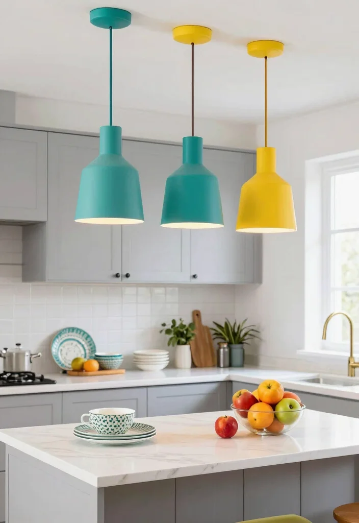 16 Kitchen Lighting Over Island Ideas With Statement Glow - 13. Colorful Pendant Light Fixtures 1