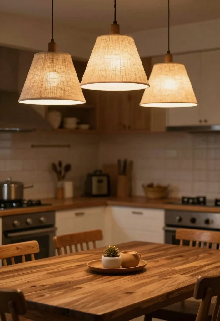 16 Light Above Kitchen Table Ideas With Warm Glow - 12. Warm Textured Shades 1