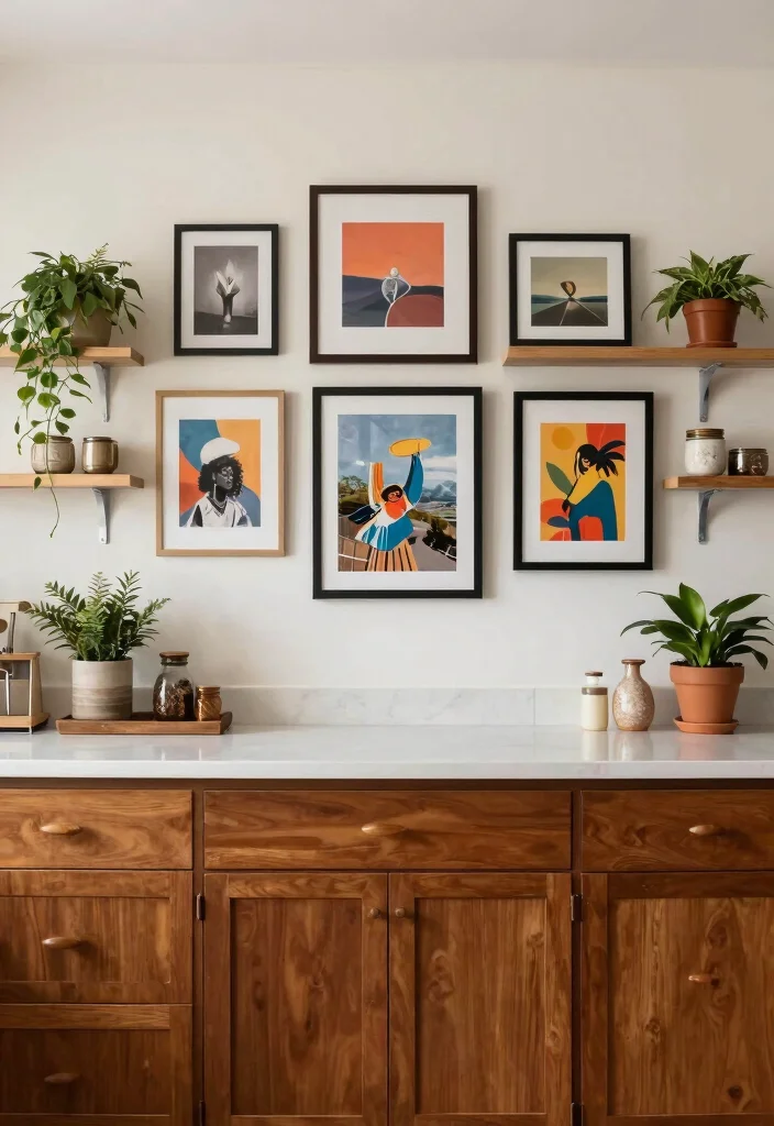 16 Medium Brown Kitchen Cabinets Ideas With Classic Warmth - 16. Personalized Gallery Wall 1