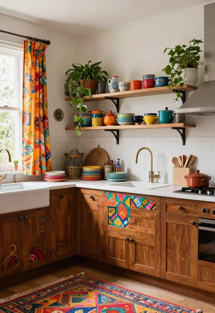 16 Medium Brown Kitchen Cabinets Ideas With Classic Warmth - 6. Eclectic Bohemian Touch 1