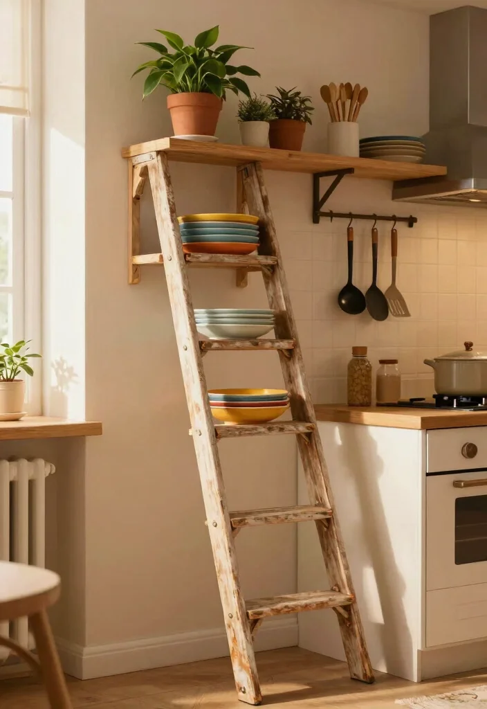 16 Open Cabinets in Kitchen Ideas With Airy Display 13 16 Open Cabinets in Kitchen Ideas With Airy Display - 13. Vintage Ladder as Open Shelf 1