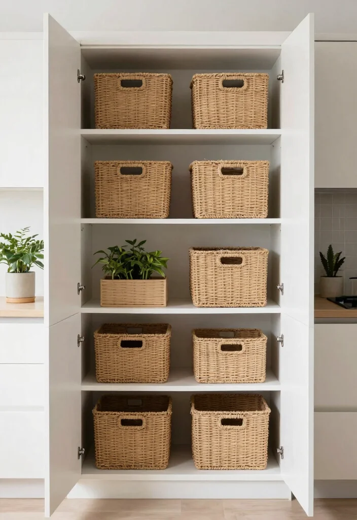 16 Open Cabinets in Kitchen Ideas With Airy Display 16 16 Open Cabinets in Kitchen Ideas With Airy Display - 16. Minimalist Open Cabinets with Basket Storage 1