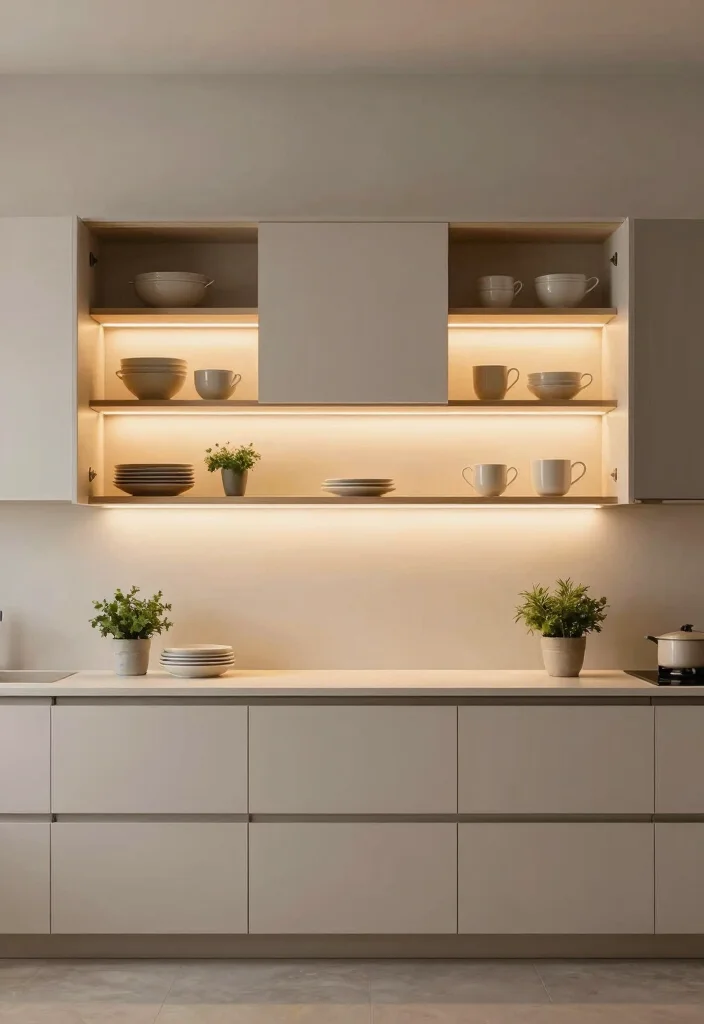 16 Open Cabinets in Kitchen Ideas With Airy Display 5 16 Open Cabinets in Kitchen Ideas With Airy Display - 5. Minimalist Open Cabinet with LED Lighting 1