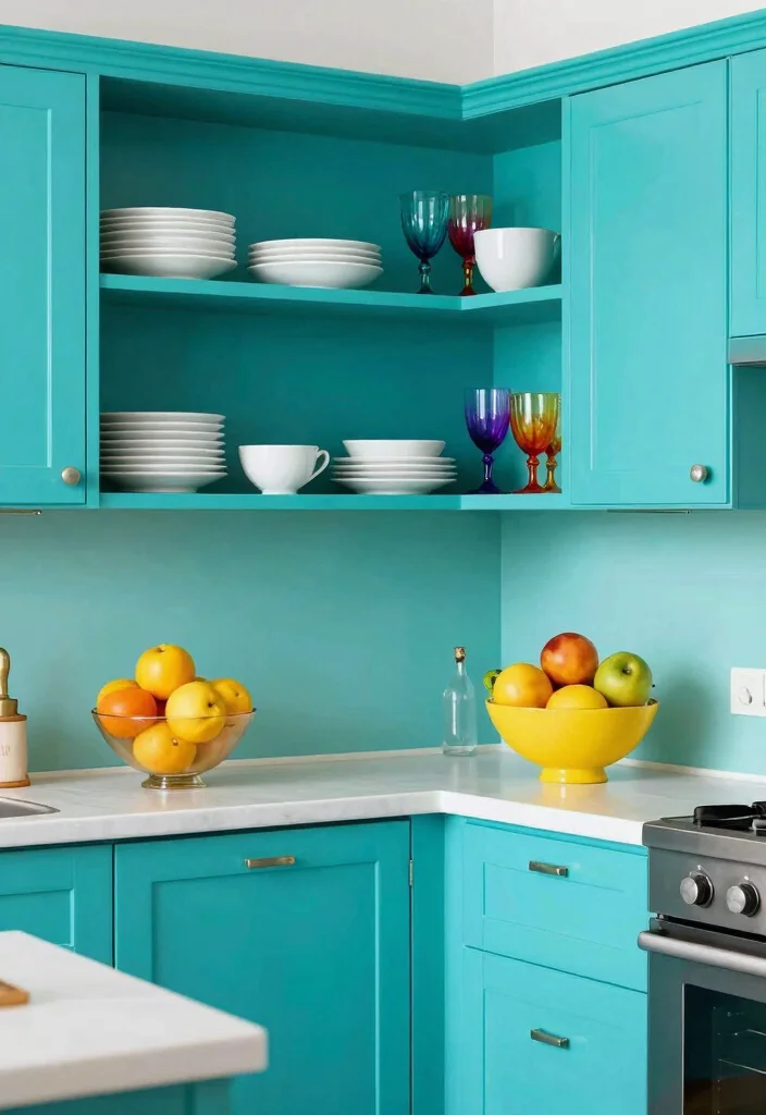 16 Open Cabinets in Kitchen Ideas With Airy Display 8 16 Open Cabinets in Kitchen Ideas With Airy Display - 8. Bold Colors for Open Cabinets 1