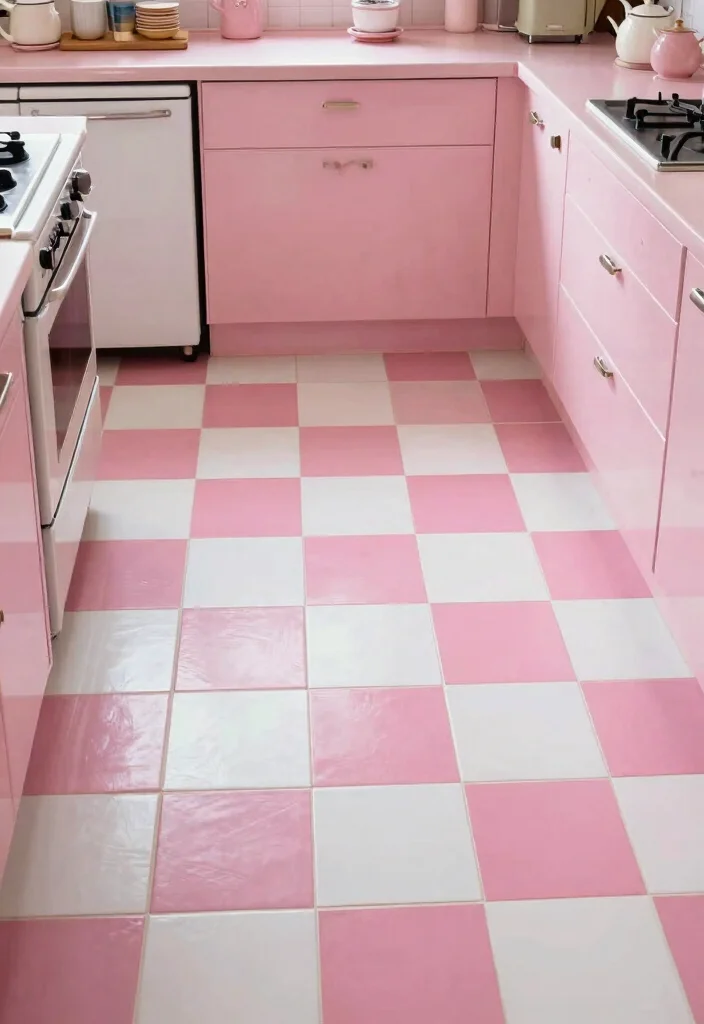 16 Pink Kitchen Tiles Ideas With Playful Energy - 10. Vintage Checkerboard Pink Tiles 1