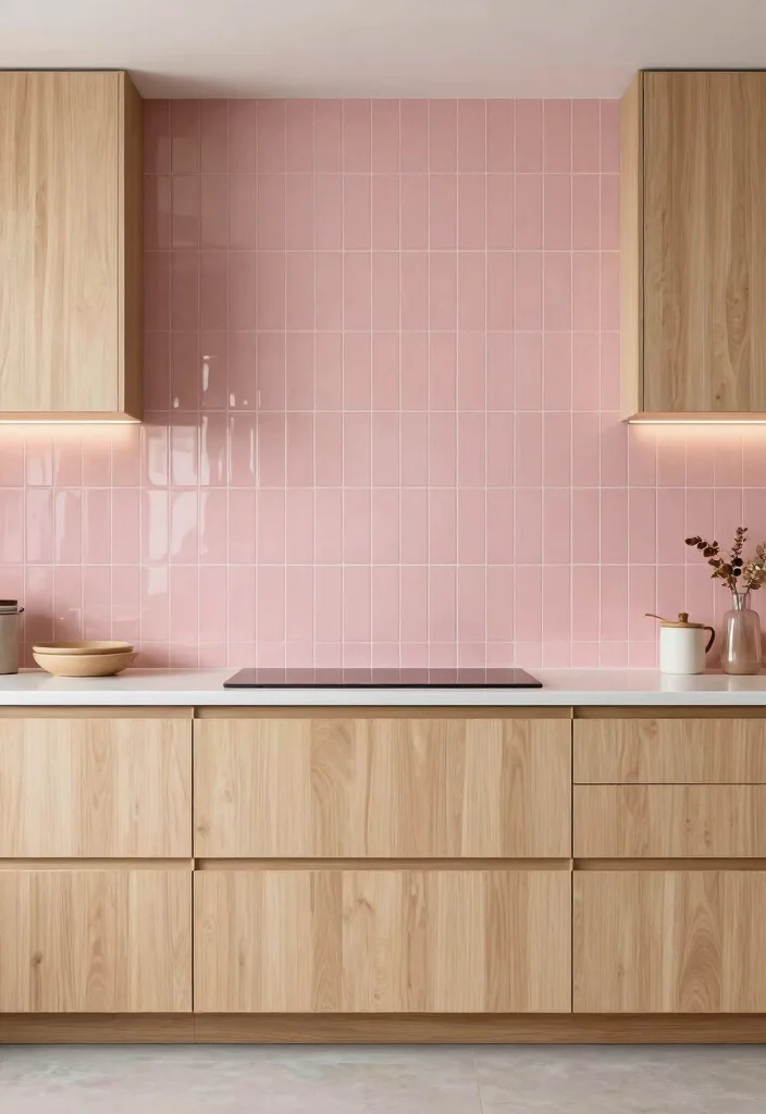 16 Pink Kitchen Tiles Ideas With Playful Energy - 11. Stacked Pink Tiles for a Modern Look 1