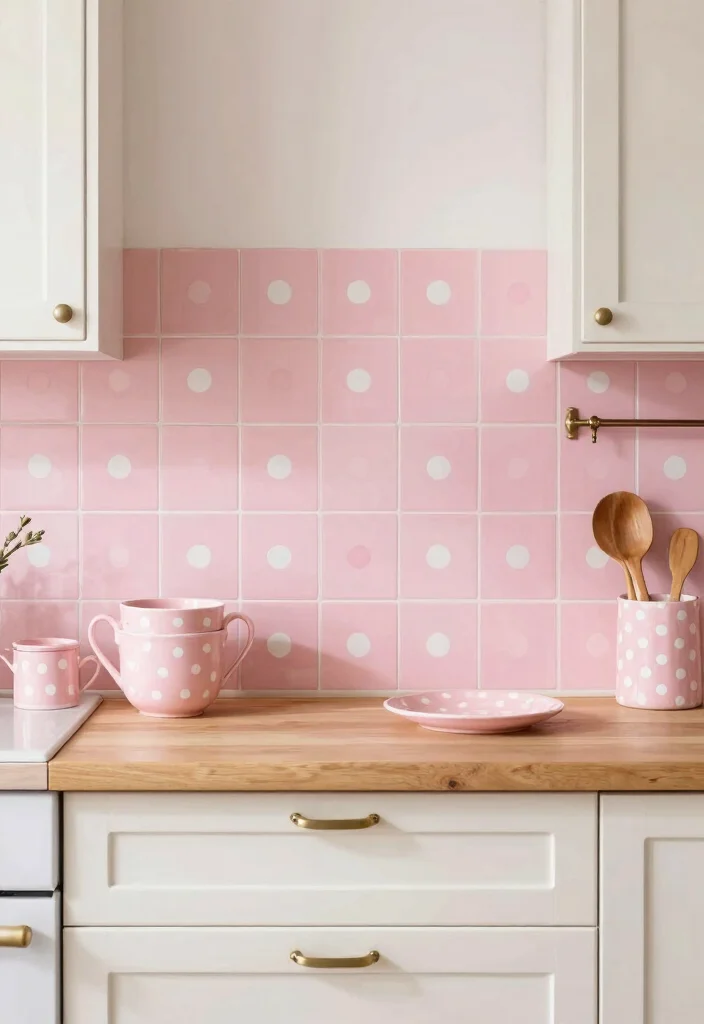 16 Pink Kitchen Tiles Ideas With Playful Energy - 12. Playful Polka Dots with Pink Tiles 1
