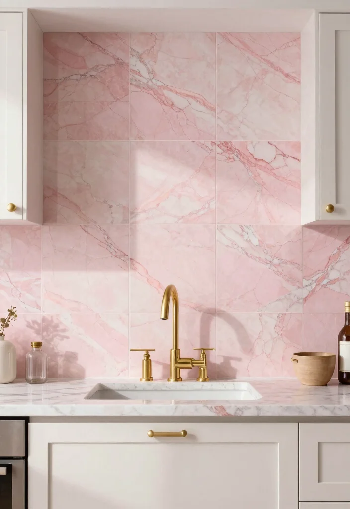 16 Pink Kitchen Tiles Ideas With Playful Energy - 15. Pink Marble Effect Tiles 1