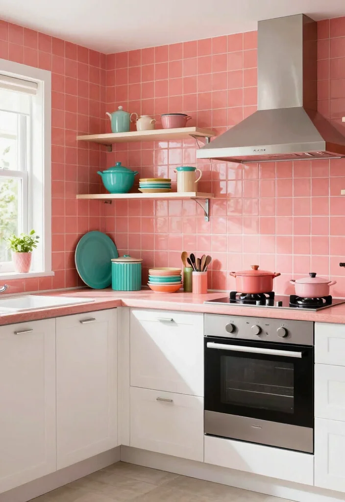 16 Pink Kitchen Tiles Ideas With Playful Energy - 2. Vibrant Coral Tiles for a Bold Statement 1