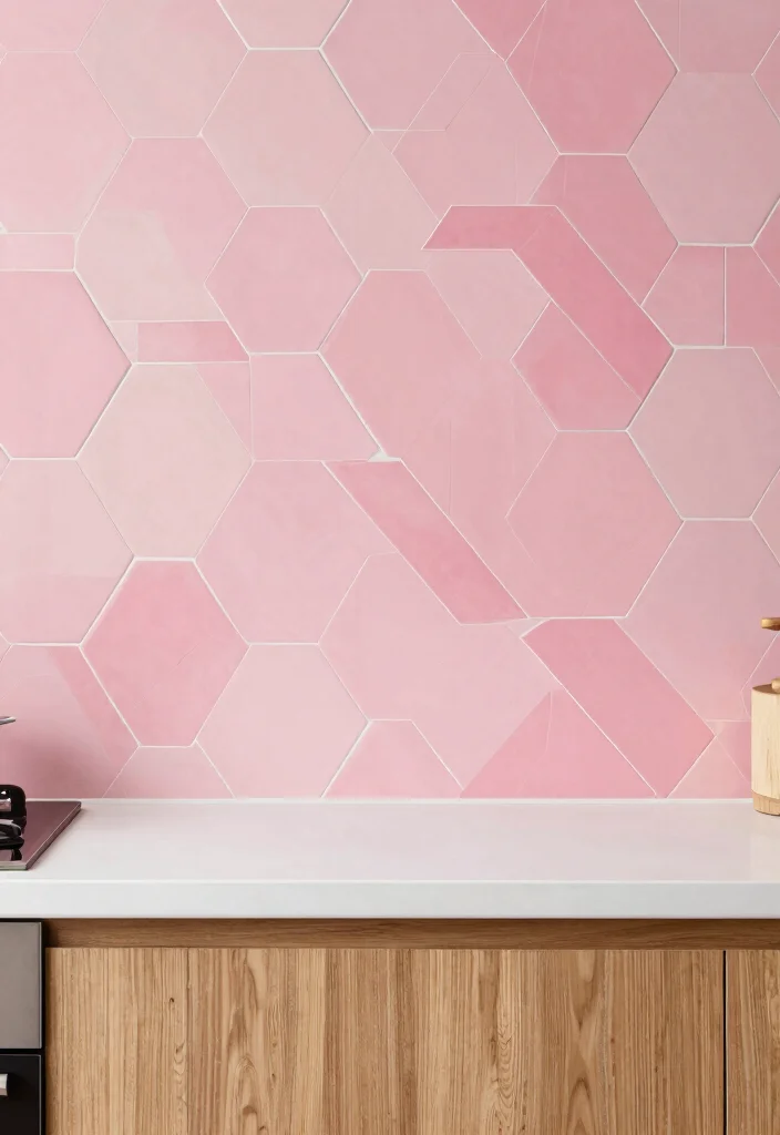 16 Pink Kitchen Tiles Ideas With Playful Energy - 3. Geometric Patterns with Pink Tiles 1