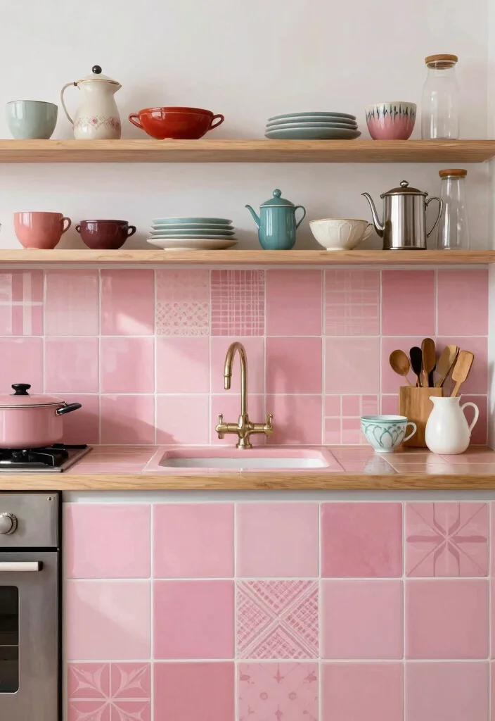 16 Pink Kitchen Tiles Ideas With Playful Energy - 5. Mismatched Vintage Tiles for a Playful Look 1